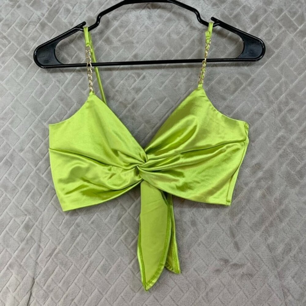 Julia Womens S Top Green Silky Satin Bandeau Crop Twist Tie Front Chain Straps